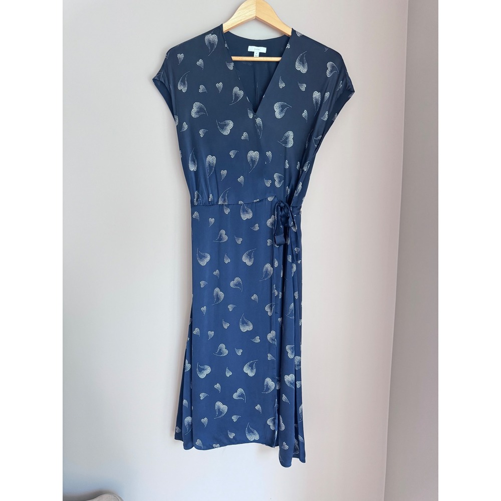 Joie Navy Blue 100% Silk Heart Paisley Print Wrap Midi Dress Medium
